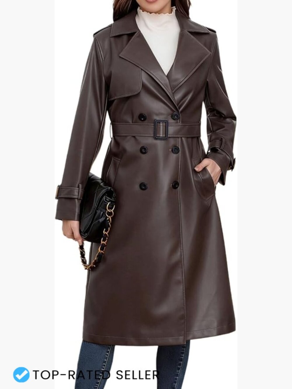 Faux Leather Trench Coat Long Belted Double Breasted Classic Chic Fall Winter